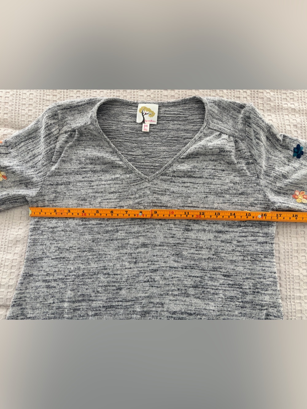 fig and flower Gray Knit V-Neck Tie-Front Top with Colorful Embroidered Sleeves - Picture 10 of 11